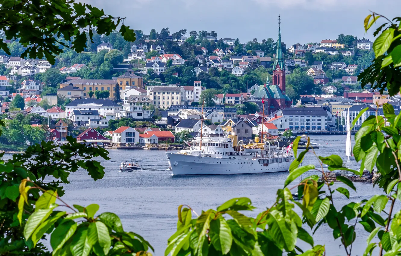 Фото обои листья, ветки, дома, корабли, Норвегия, Arendal
