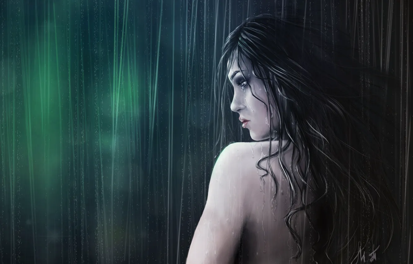 Фото обои девушка, лицо, дождь, волосы, спина, мокрая, арт, профиль