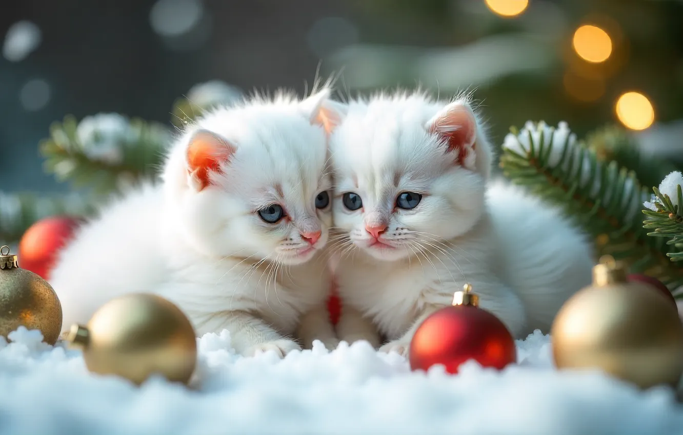 Фото обои зима, взгляд, шарики, снег, ветки, огни, новый год, Рождество