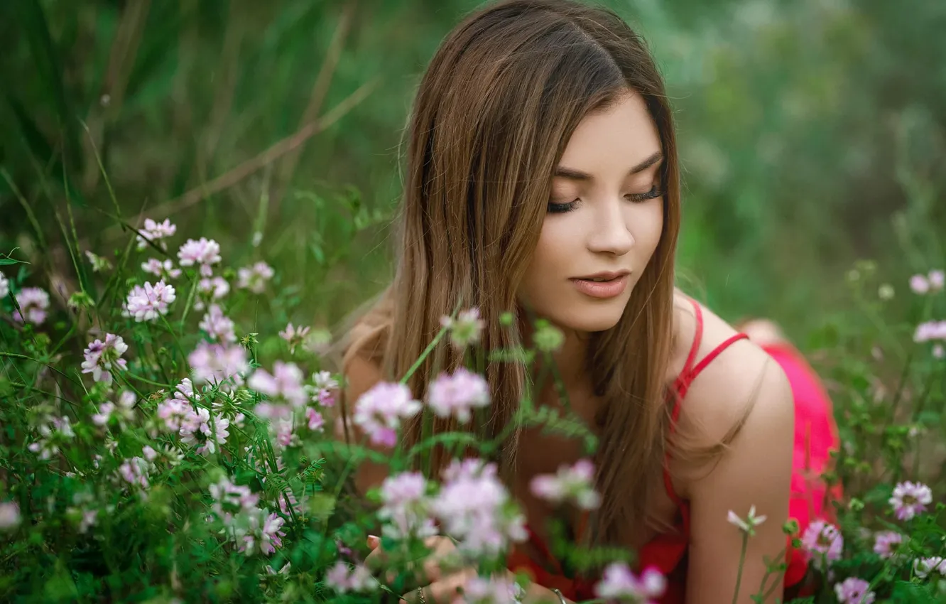 Фото обои трава, девушка, цветы, платье, Sergey Gokk