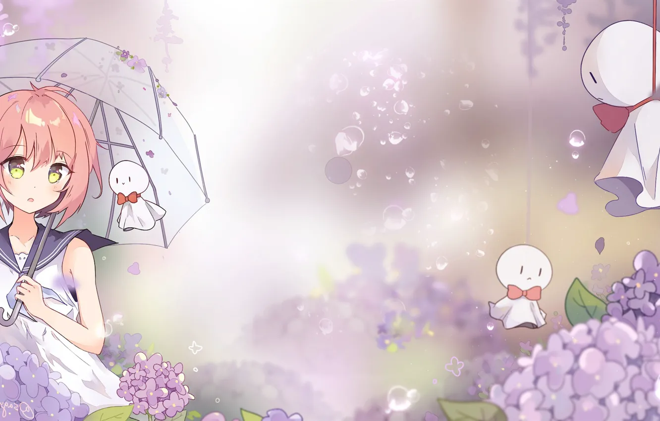 Фото обои flower, umbrella, air, japanese, anime girls, rain drops, anime girl, anime Wallpapers