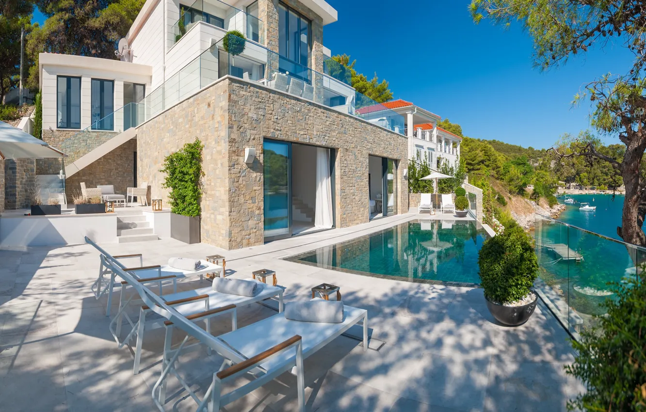 Фото обои море, вилла, бассейн, терраса, Хорватия, остров Брач, Villa Ivy, Luxury villa Brač