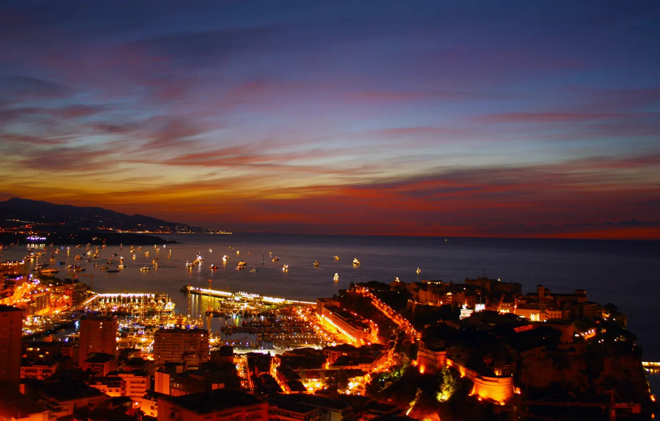 Фото обои пейзаж, ночь, city, город, дома, порт, Monaco, Монако