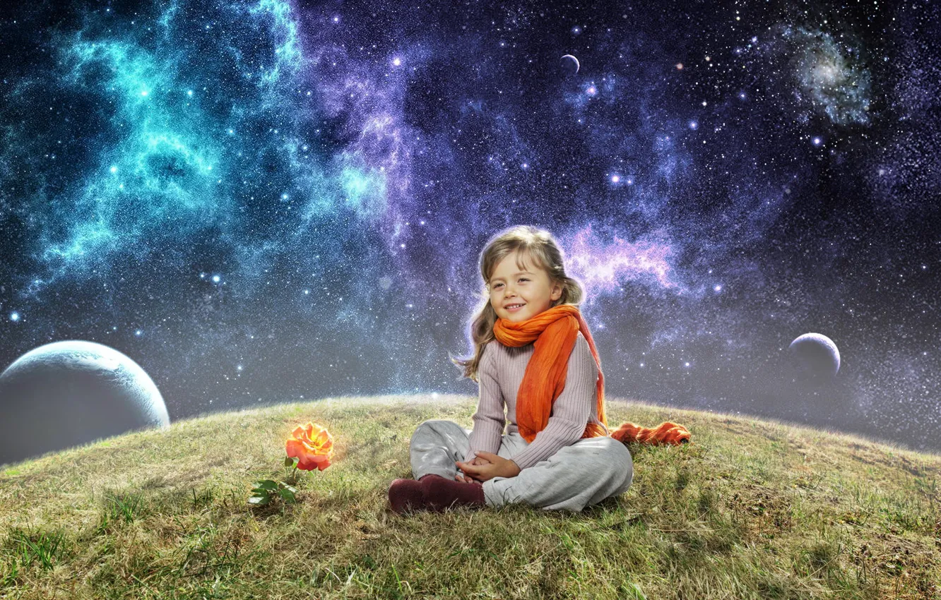 Фото обои космос, роза, планета, девочка, шарфик, ребёнок