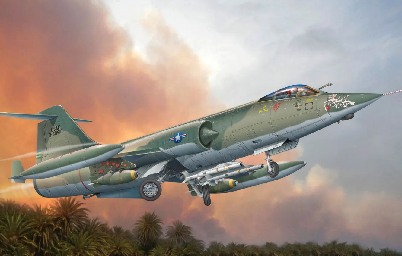 Фото обои fighter, war, art, airplane, painting, aviation, jet, F-104A/C Starfighter