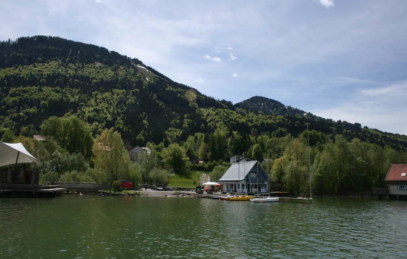 Фото обои Ferienhäuser, Berge, Grün, Wasser, Alpsee, Immenstadt