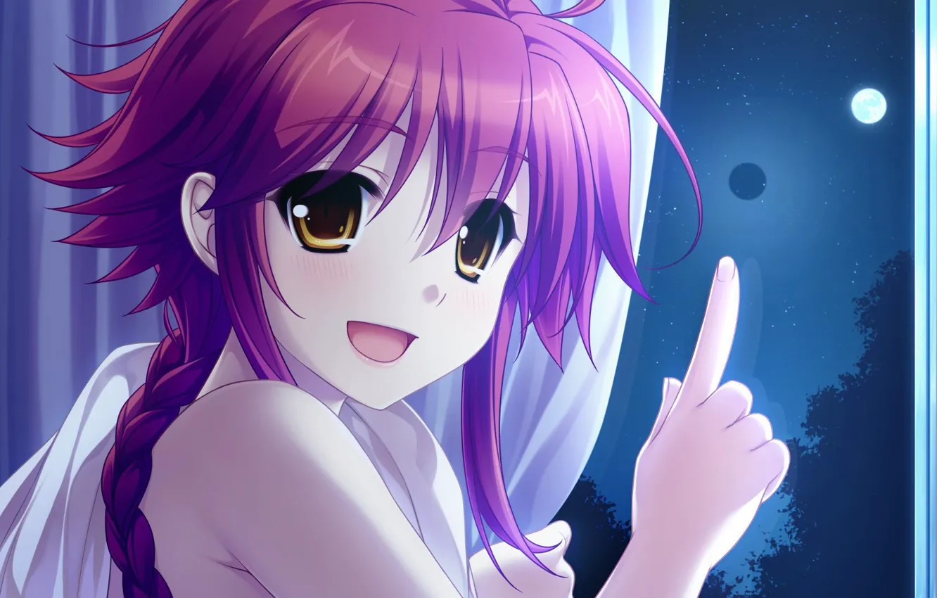 Фото обои ночь, луна, аниме, окно, арт, девочка
