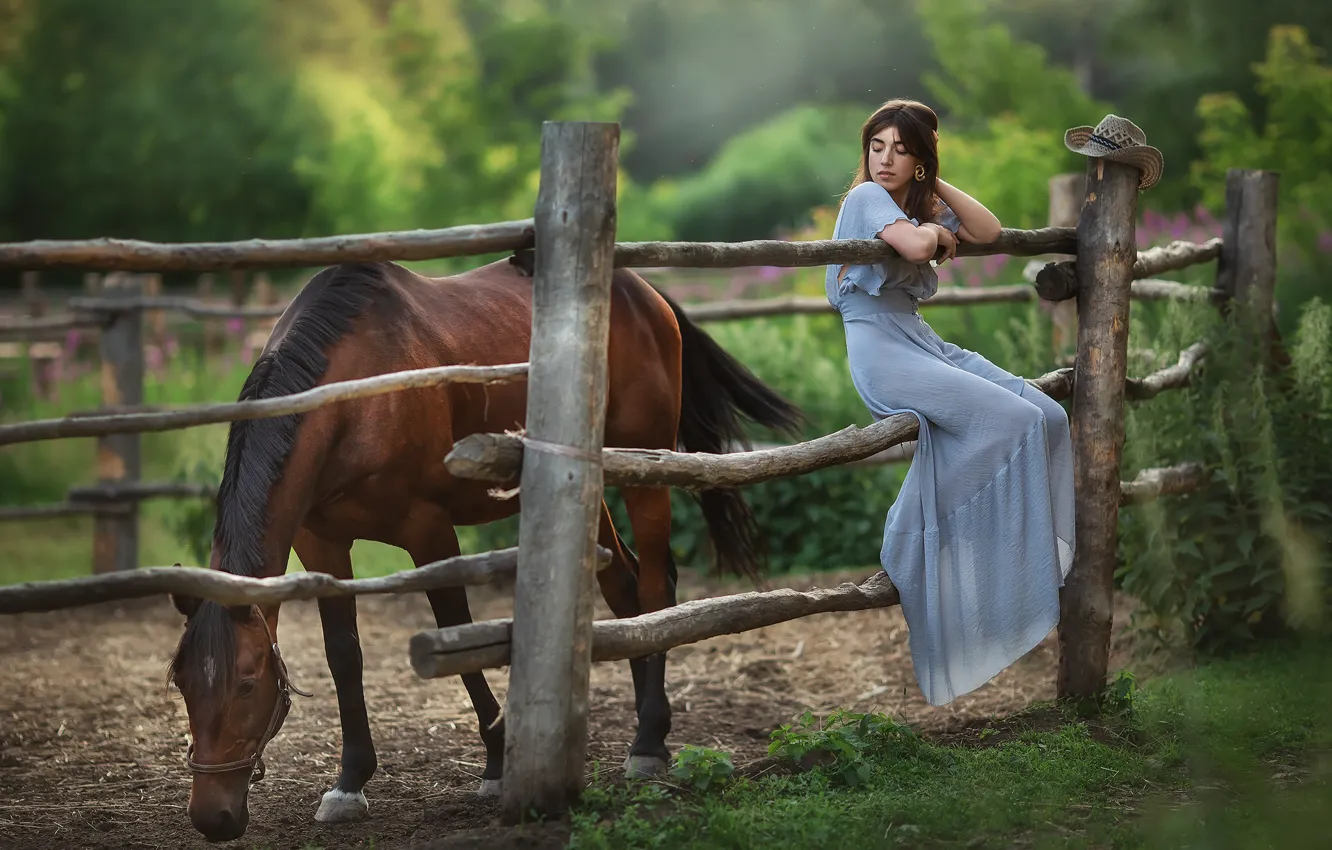 Фото обои взгляд, девушка, природа, лошадь, платье, Бармина Анастасия