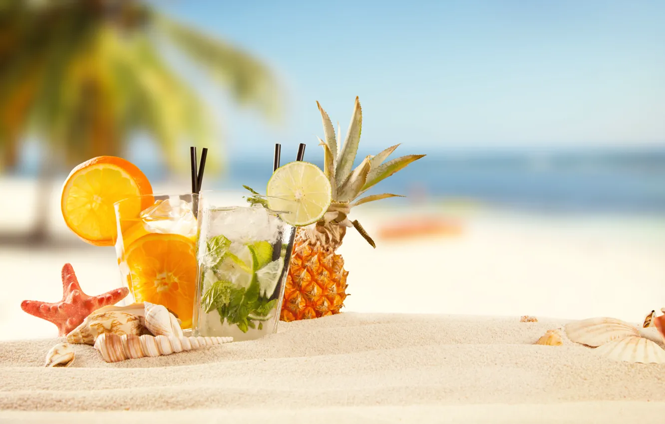 Фото обои summer, beach, sand, fruit, drinks, tropical, cocktails