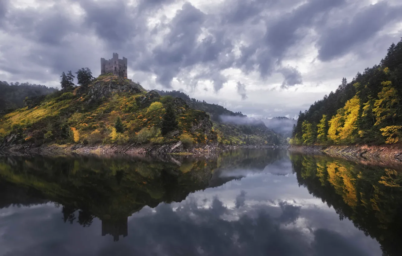 Фото обои облака, деревья, туман, озеро, отражение, замок, Франция, зеркало