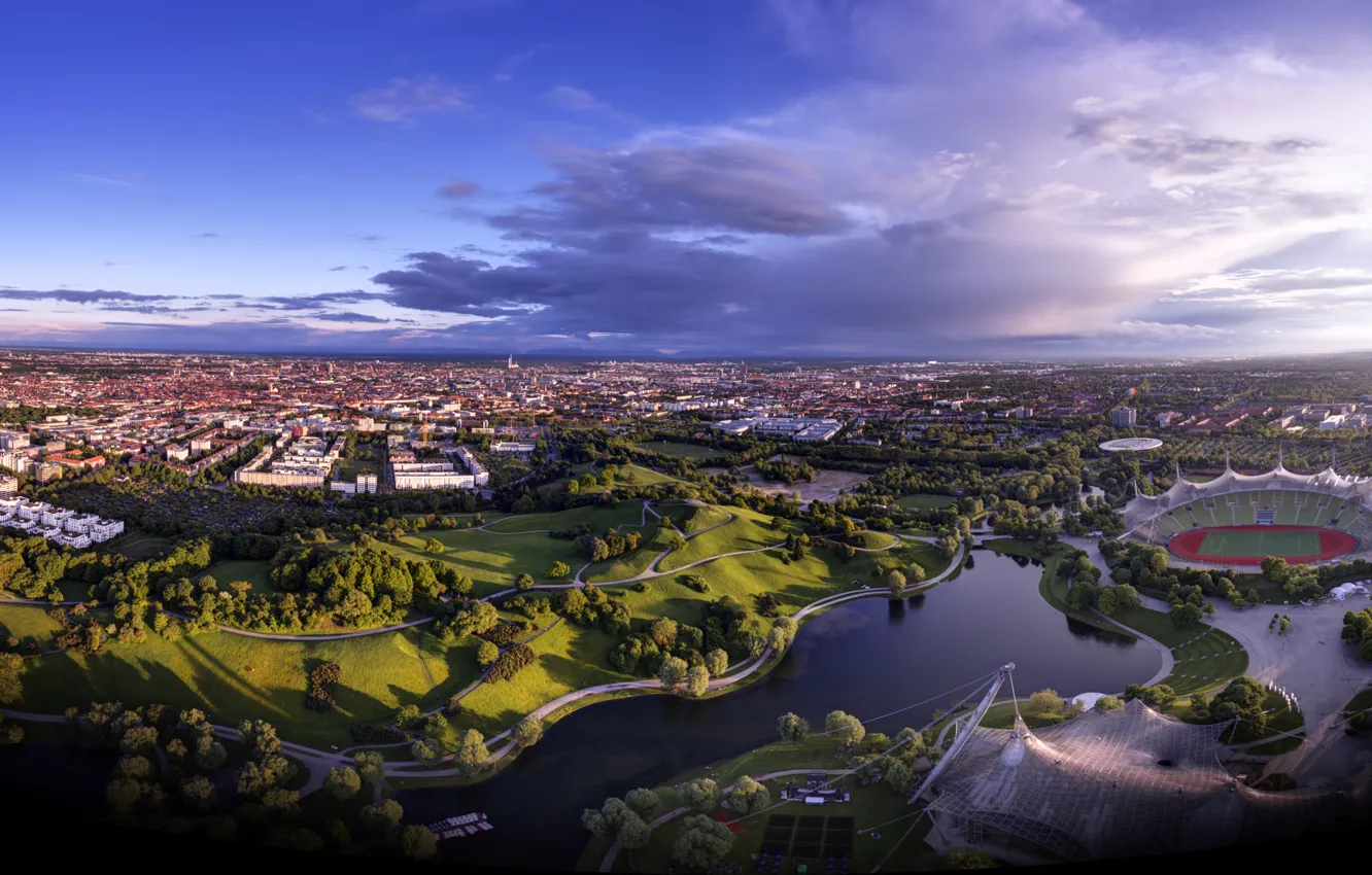 Фото обои пейзаж, дома, Германия, Мюнхен, панорама, стадион, Олимпийский парк