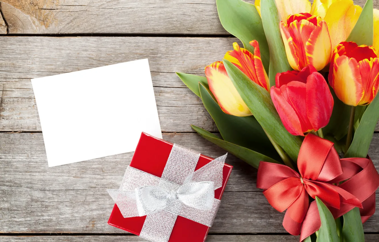 Фото обои цветы, подарок, весна, тюльпаны, бант, 8 марта, tulips, gift