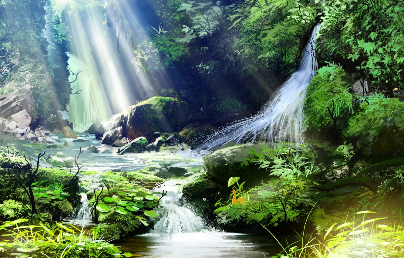 Фото обои лес, природа, водопад, слнечные лучи