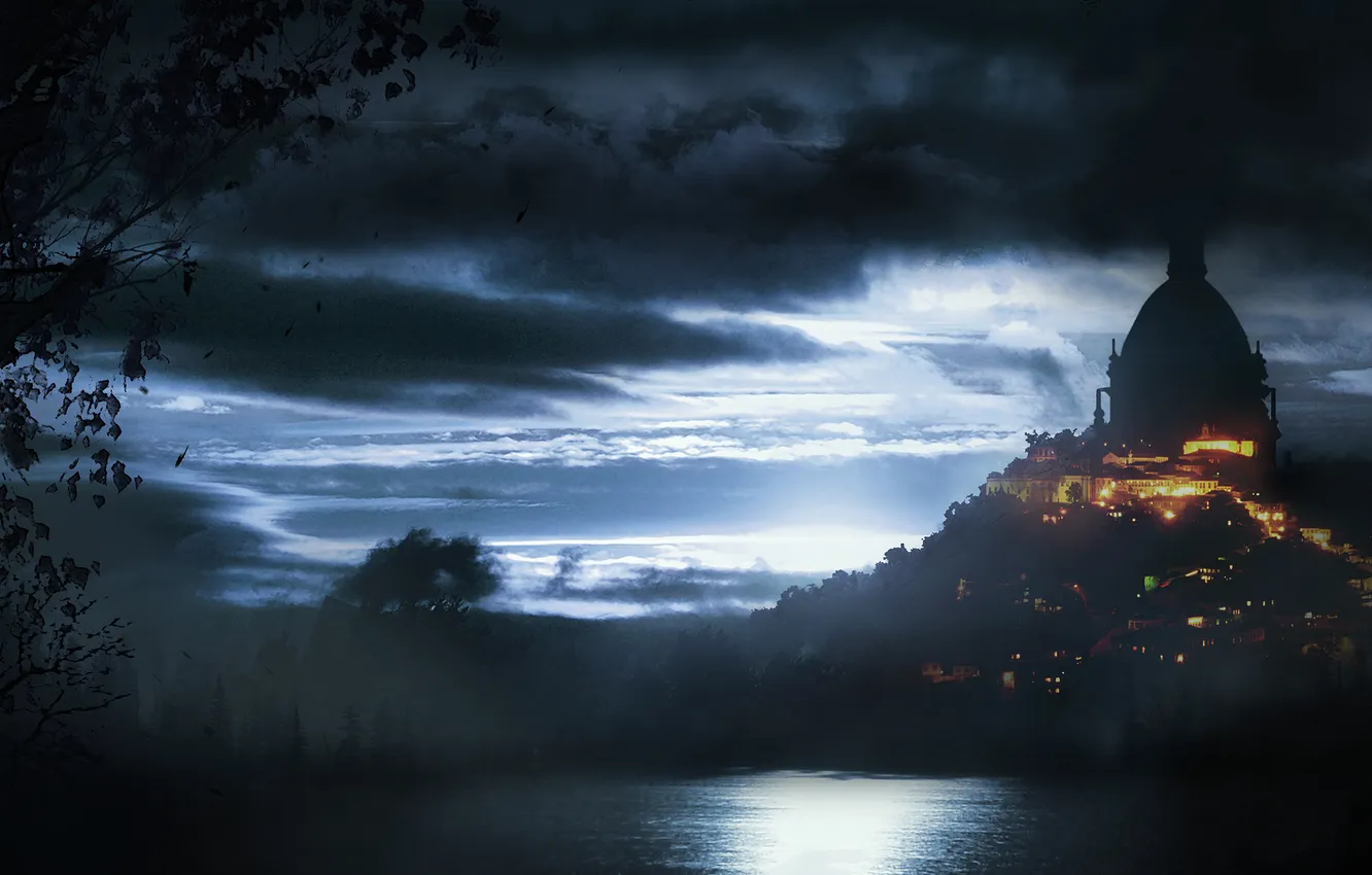 Фото обои небо, ночь, замок, здание, болото, крепость, Across the Lake