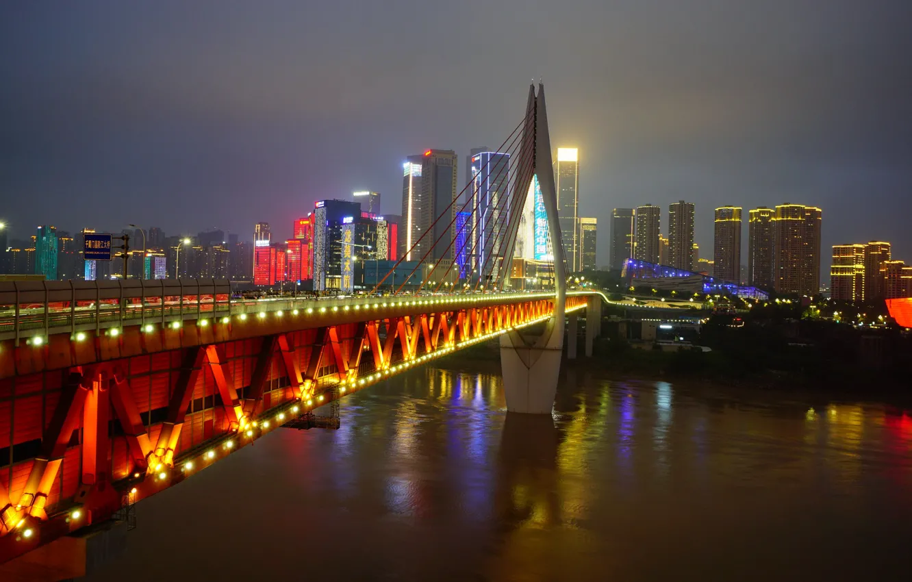 Фото обои ночь, мост, огни, река, China, дома, Chongqing