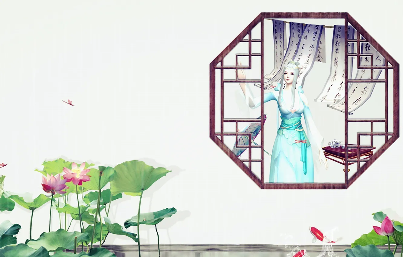 Фото обои лето, девушка, рыбки, окно, арт, лотос