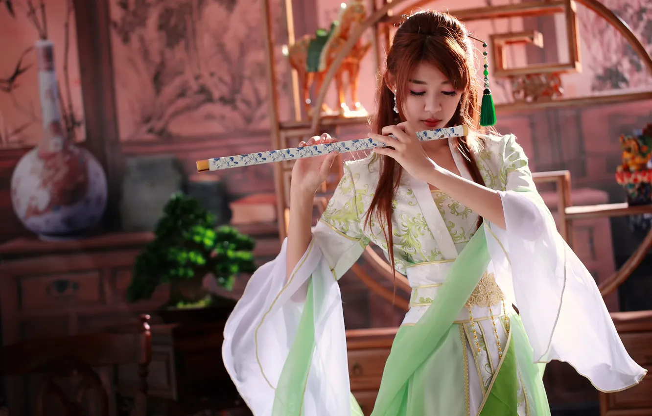 Фото обои девушка, музыка, инструмент, флейта