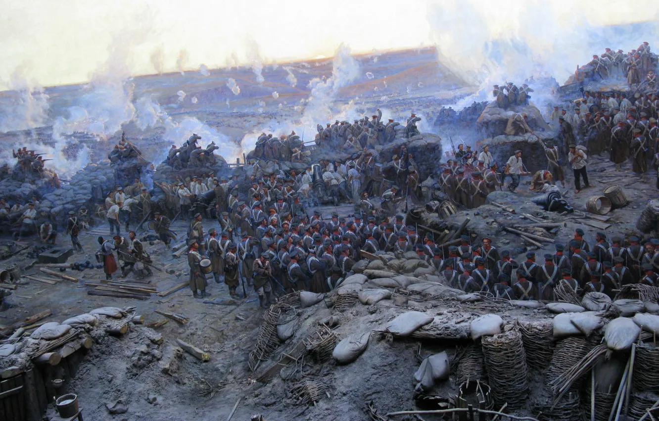 Фото обои война, пушки, бой, панорама, солдаты, крым, фрагмент, мундиры