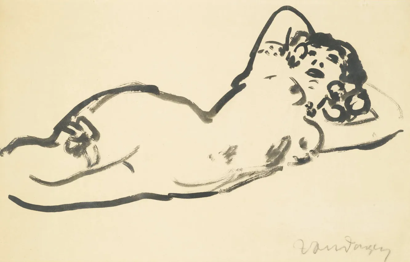 Фото обои бумага, гуашь, Анита, Kees van Dongen, романтичный фовизм, лежащая обнаженная