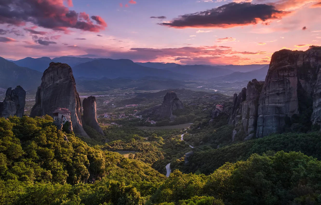 Фото обои горы, Греция, долина, панорама, Greece, Meteora, Thessalian Plain, Thessaly