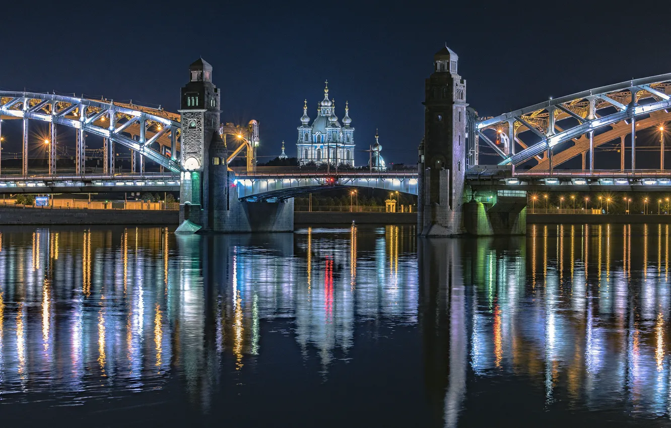 Фото обои ночь, город, река, Питер, освещение, Санкт-Петербург, Смольный собор, Нева