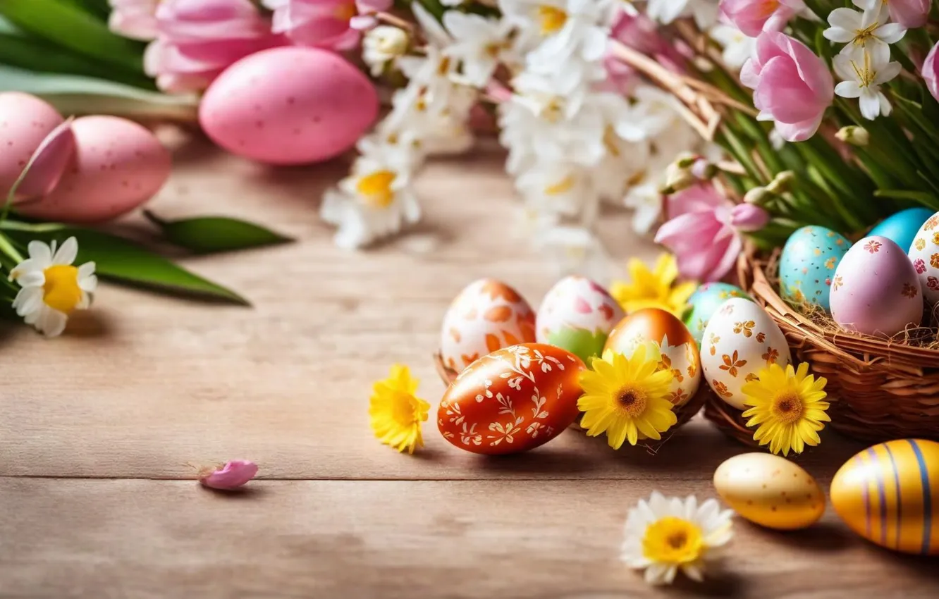 Фото обои цветы, яйца, весна, colorful, Пасха, happy, flowers, spring