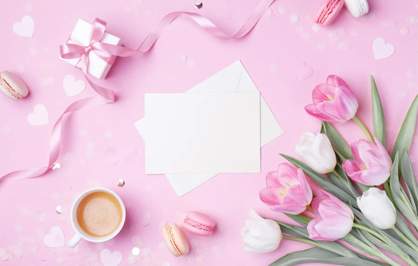 Фото обои цветы, подарок, тюльпаны, happy, розовый фон, 8 марта, pink, flowers