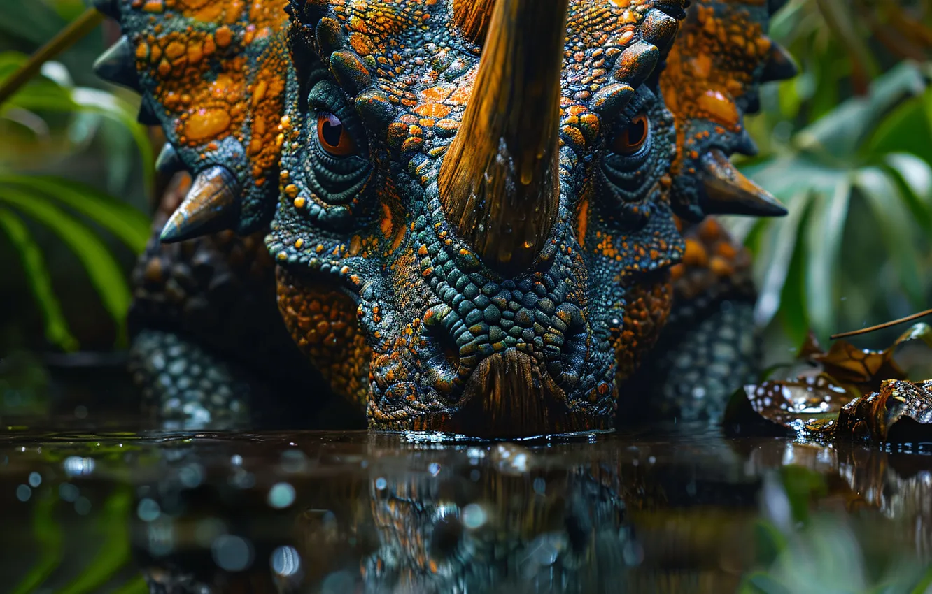 Фото обои Вода, Морда, Динозавр, Рога, Triceratops, Животное, Цифровое искусство, Крупным планом