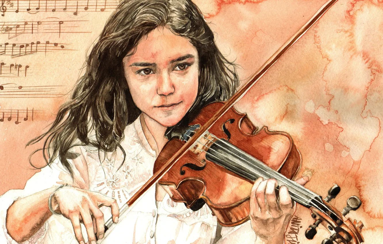 Фото обои девушка, ноты, скрипка, арт, смычок