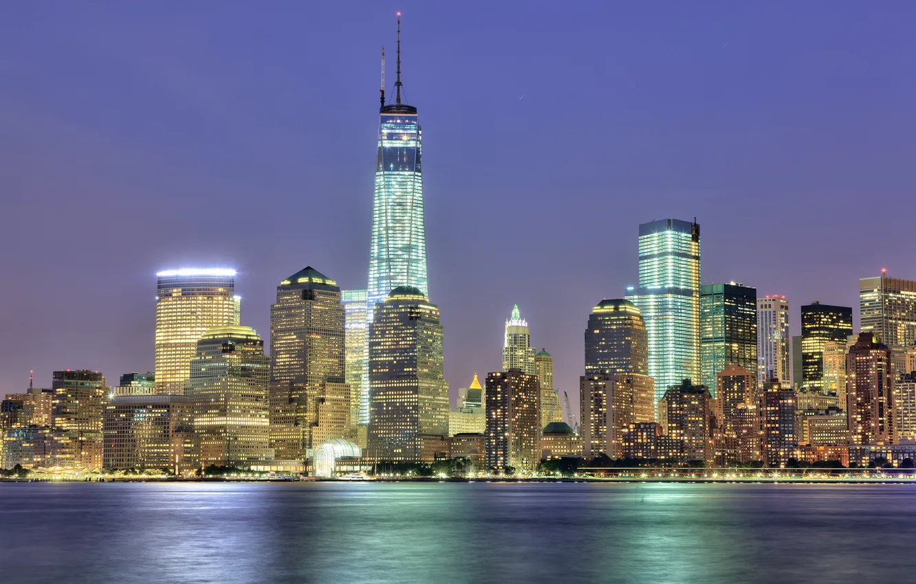 Фото обои ночь, город, Нью-Йорк, USA, США, NYC, New York City, панорамма