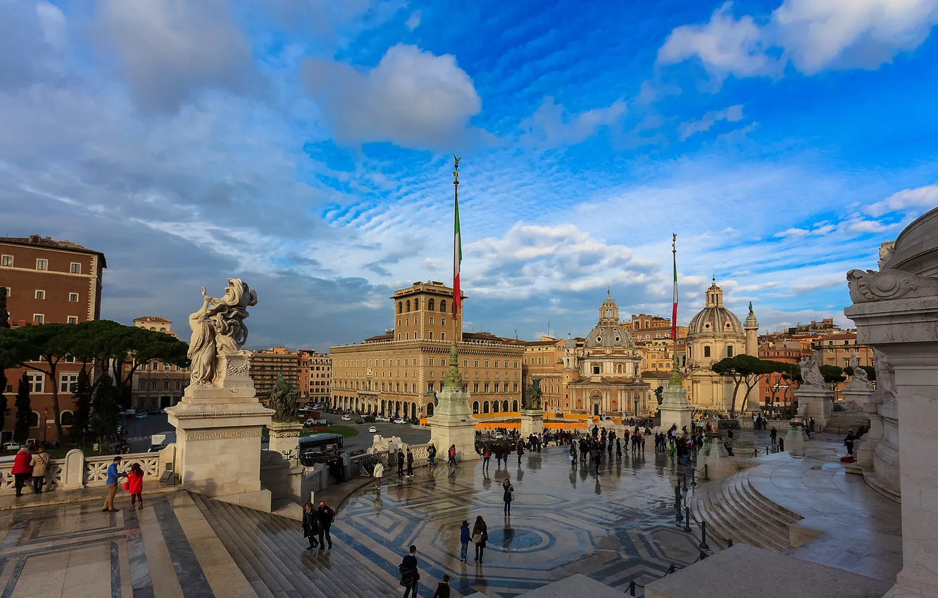 Фото обои небо, люди, Рим, Италия, скульптура, площадь Венеции, Витториано