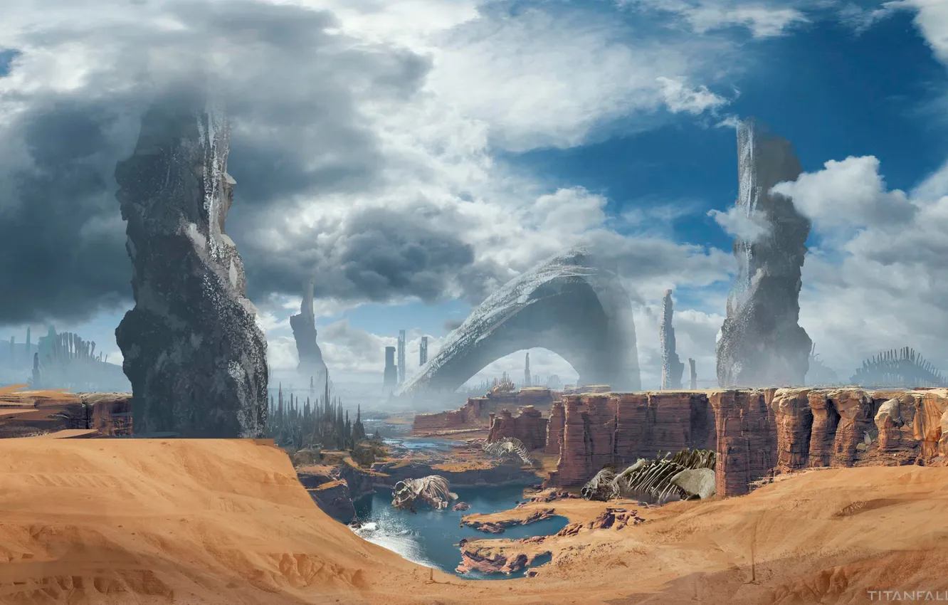 Фото обои песок, облака, камни, планета, скелеты, монолиты, Titanfall