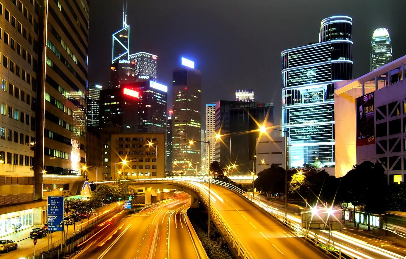 Фото обои дорога, ночь, огни, Гонконг, небоскребы