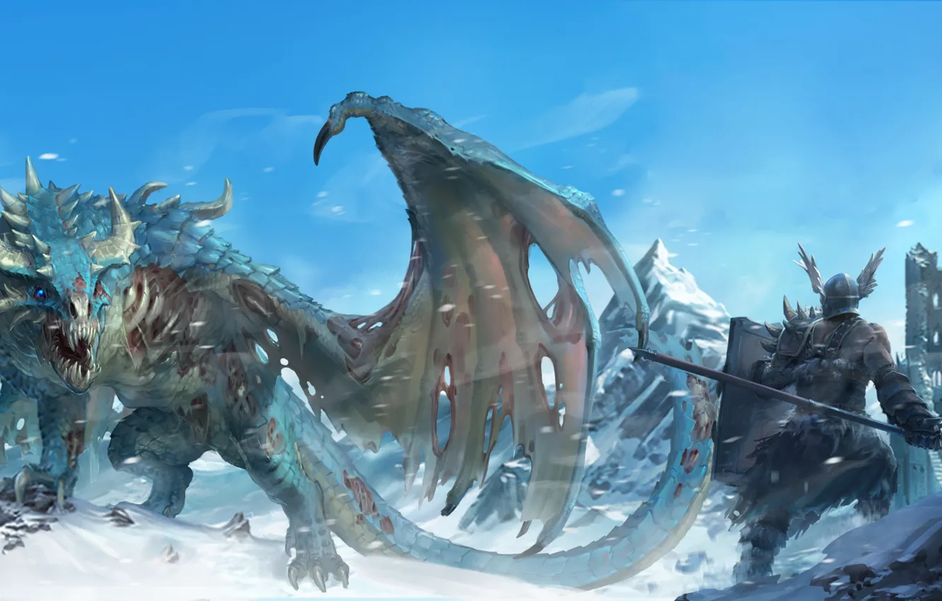 Фото обои fantasy, Dragon, tower, armor, weapon, wings, tail, mountains