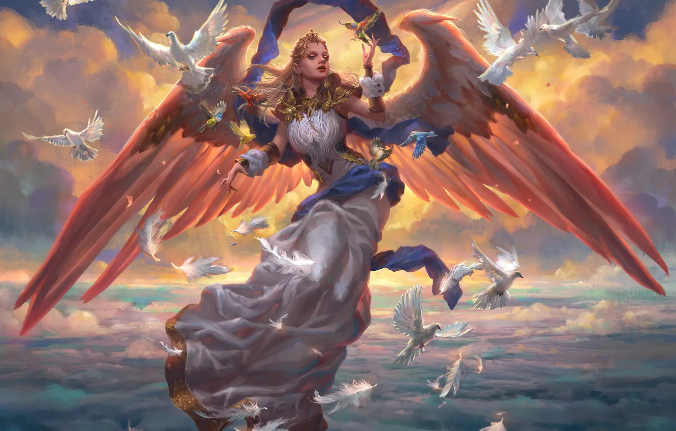Фото обои небо, облака, украшения, высота, крылья, ангел, голуби, диадема