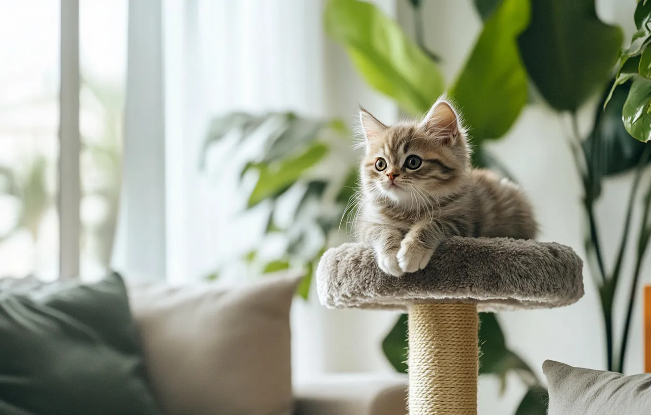 Фото обои кошка, взгляд, листья, свет, поза, уют, дом, котенок