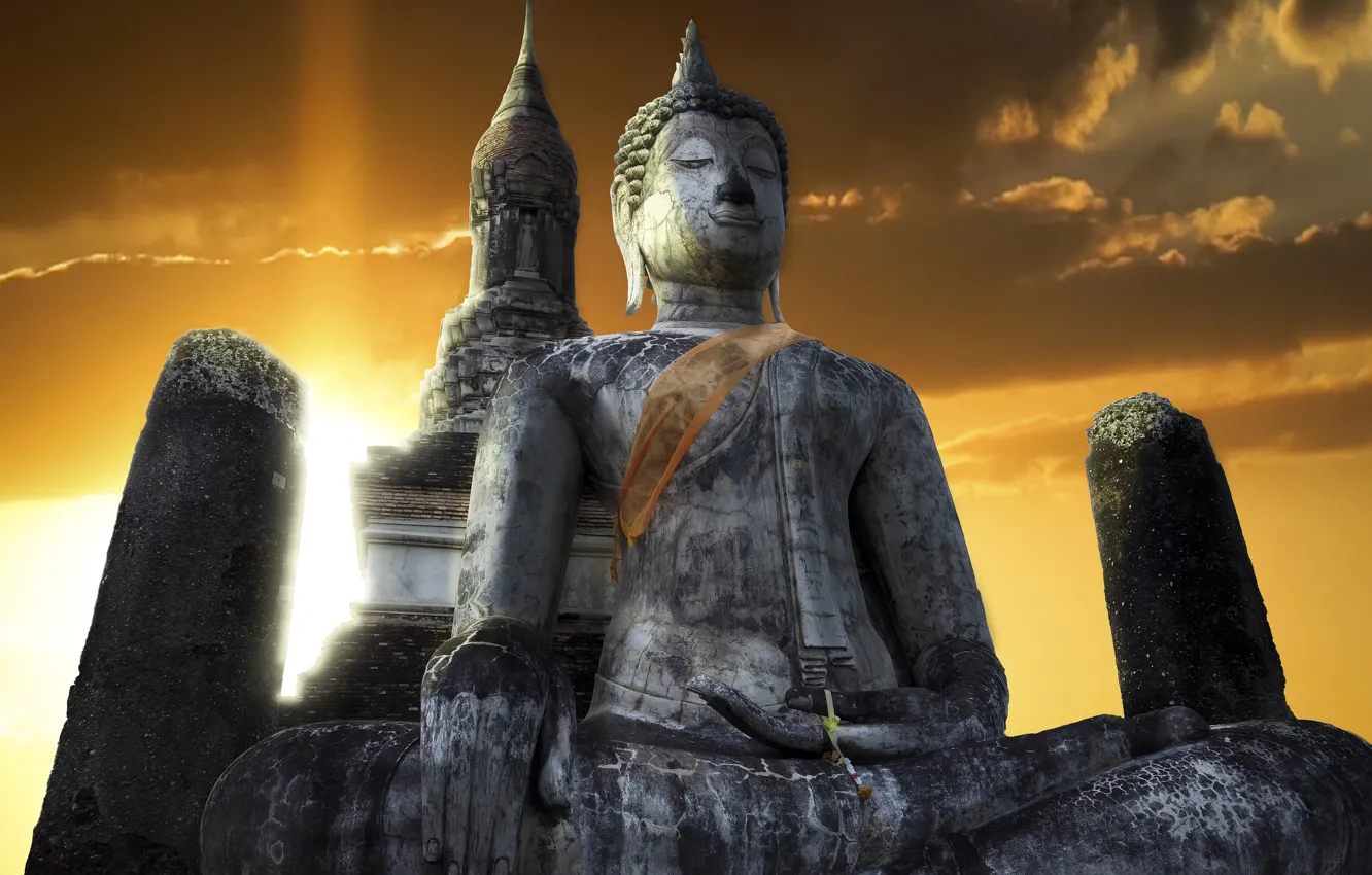 Фото обои небо, храм, Тайланд, Thailand, Будда, Sukhothai, Сукхотаи, Buddha