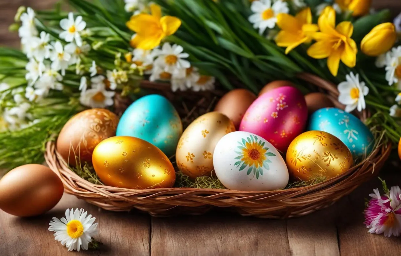 Фото обои цветы, яйца, весна, colorful, Пасха, happy, flowers, spring