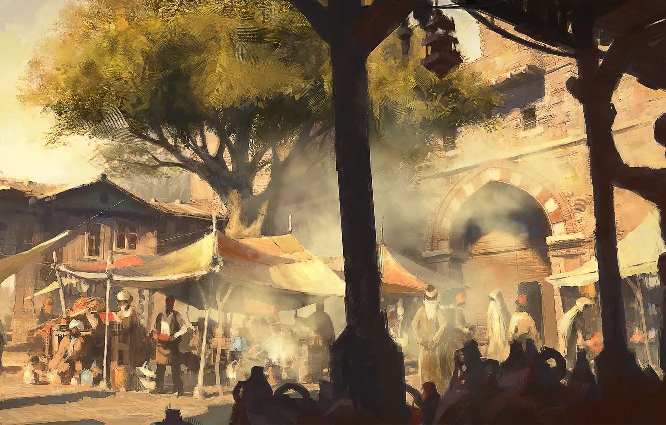 Фото обои дерево, здание, рынок, базар, Assassin’s Creed: Revelations, истамбул