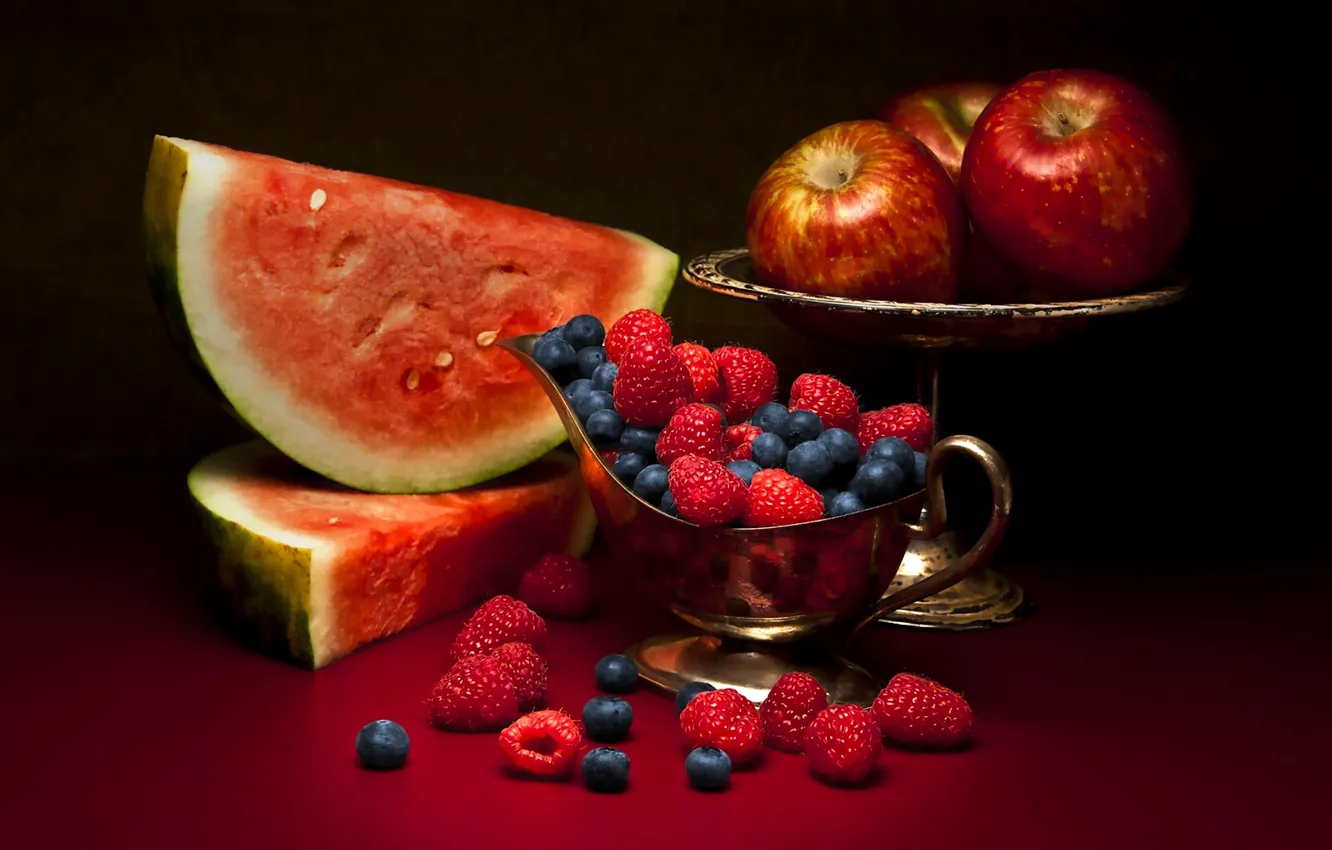 Фото обои ягоды, малина, яблоки, арбуз, фрукты, натюрморт, голубика