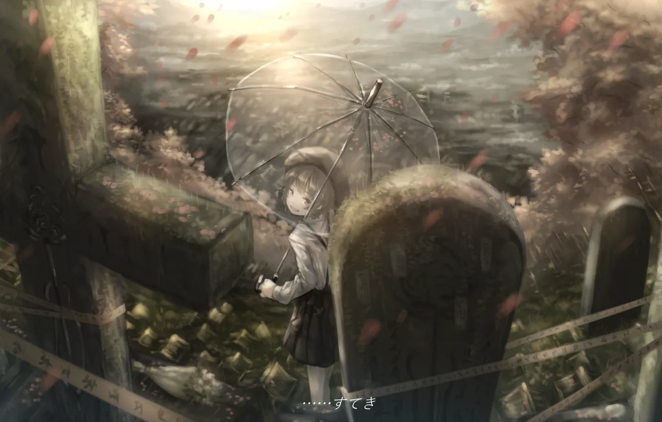 Фото обои крест, зонт, девочка, надгоробья, Hatoba Tsugu