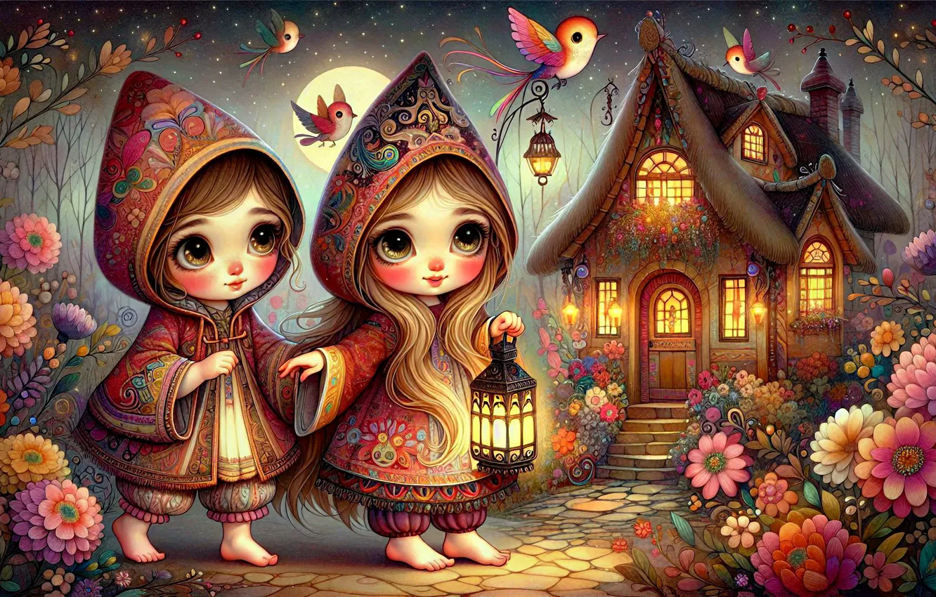 Фото обои цветы, птицы, ночь, огни, луна, девочки, сказка, фонарь