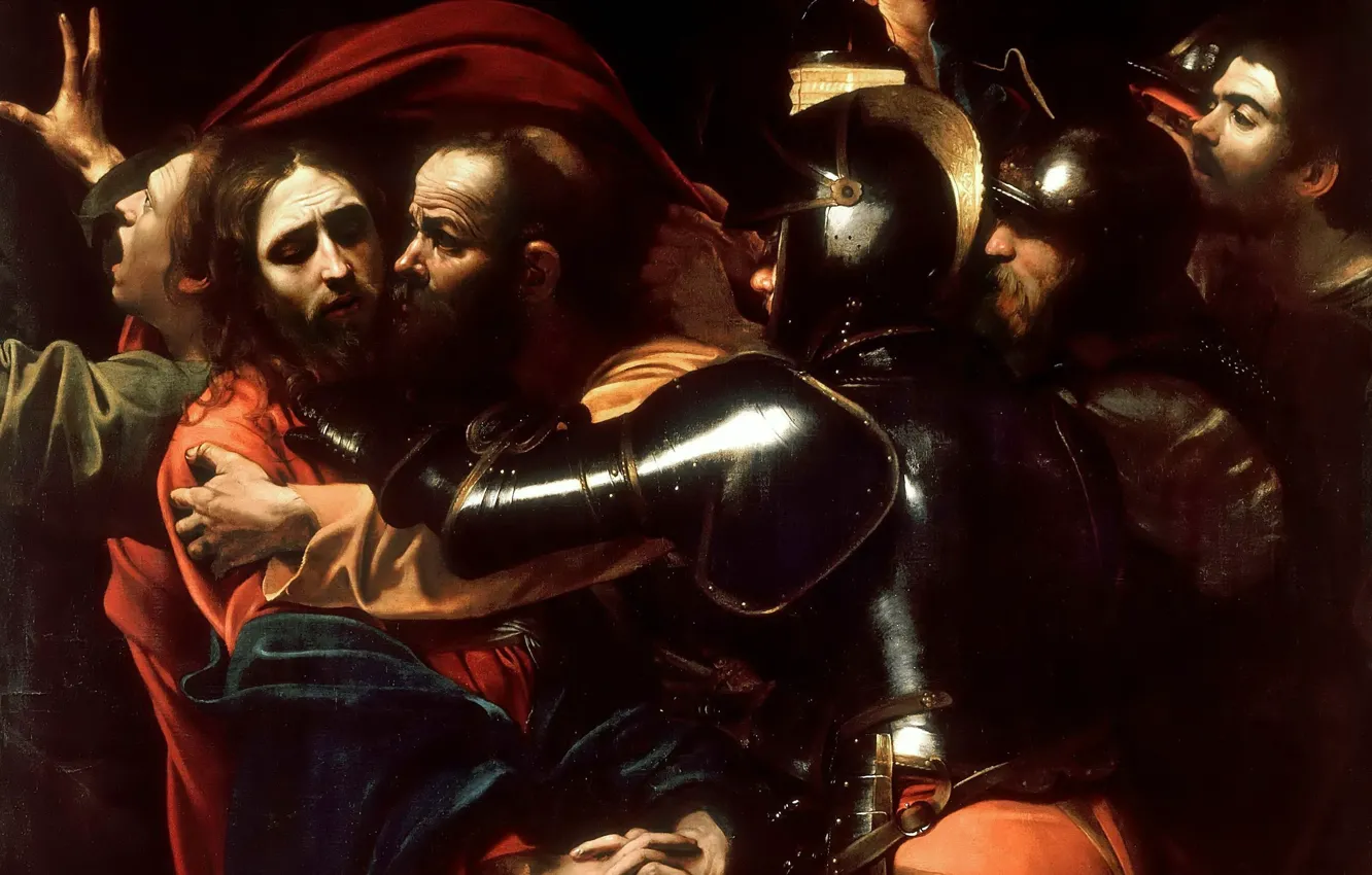 Фото обои картина, мифология, Взятие под Стражу, Микеланджело Меризи да Караваджо