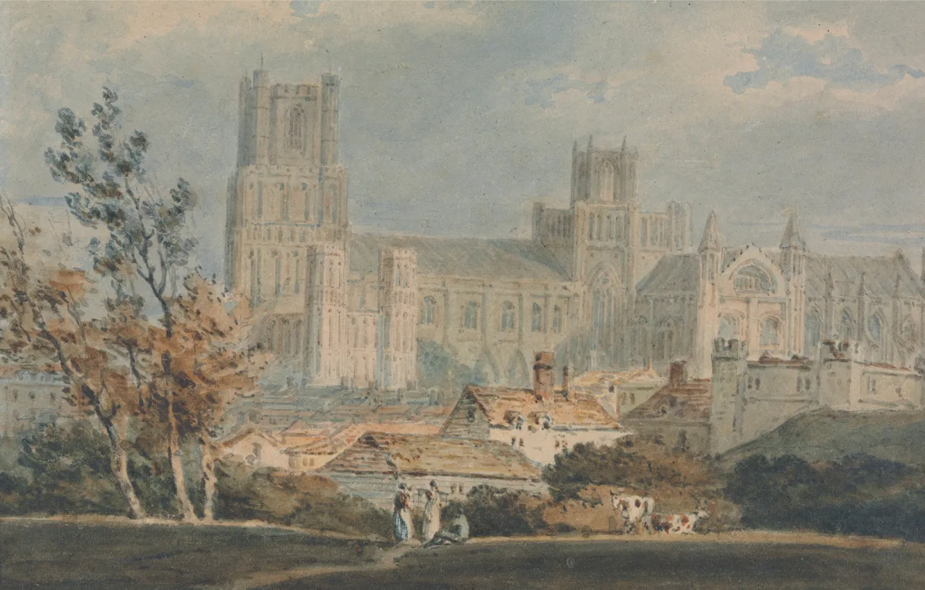 Фото обои пейзаж, картина, акварель, Уильям Тёрнер, View of Ely Cathedral