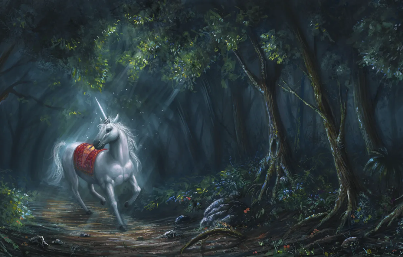 Фото обои лес, белый, конь, фэнтези, арт, единорог, рог