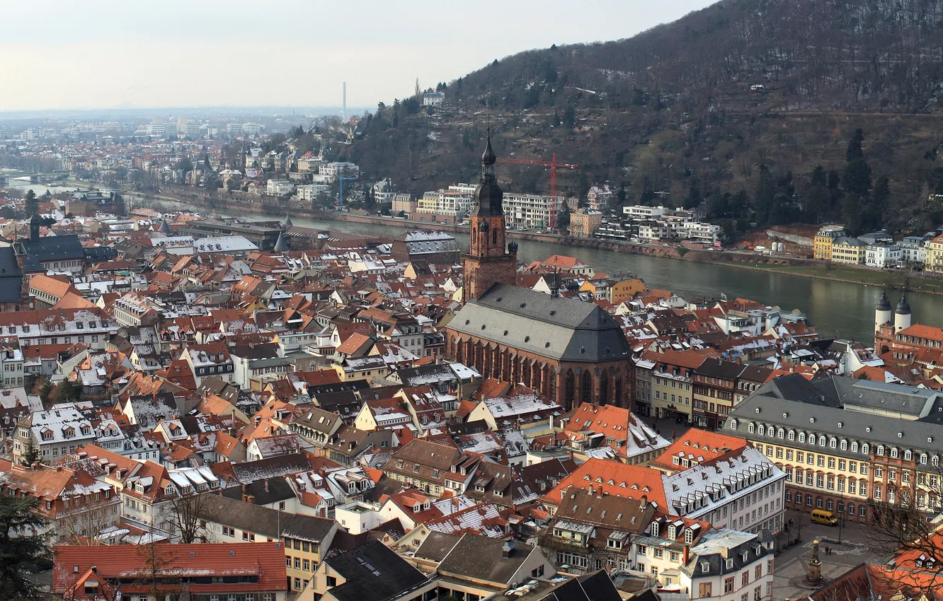 Фото обои пейзаж, река, гора, дома, склон, германия, heidelberg