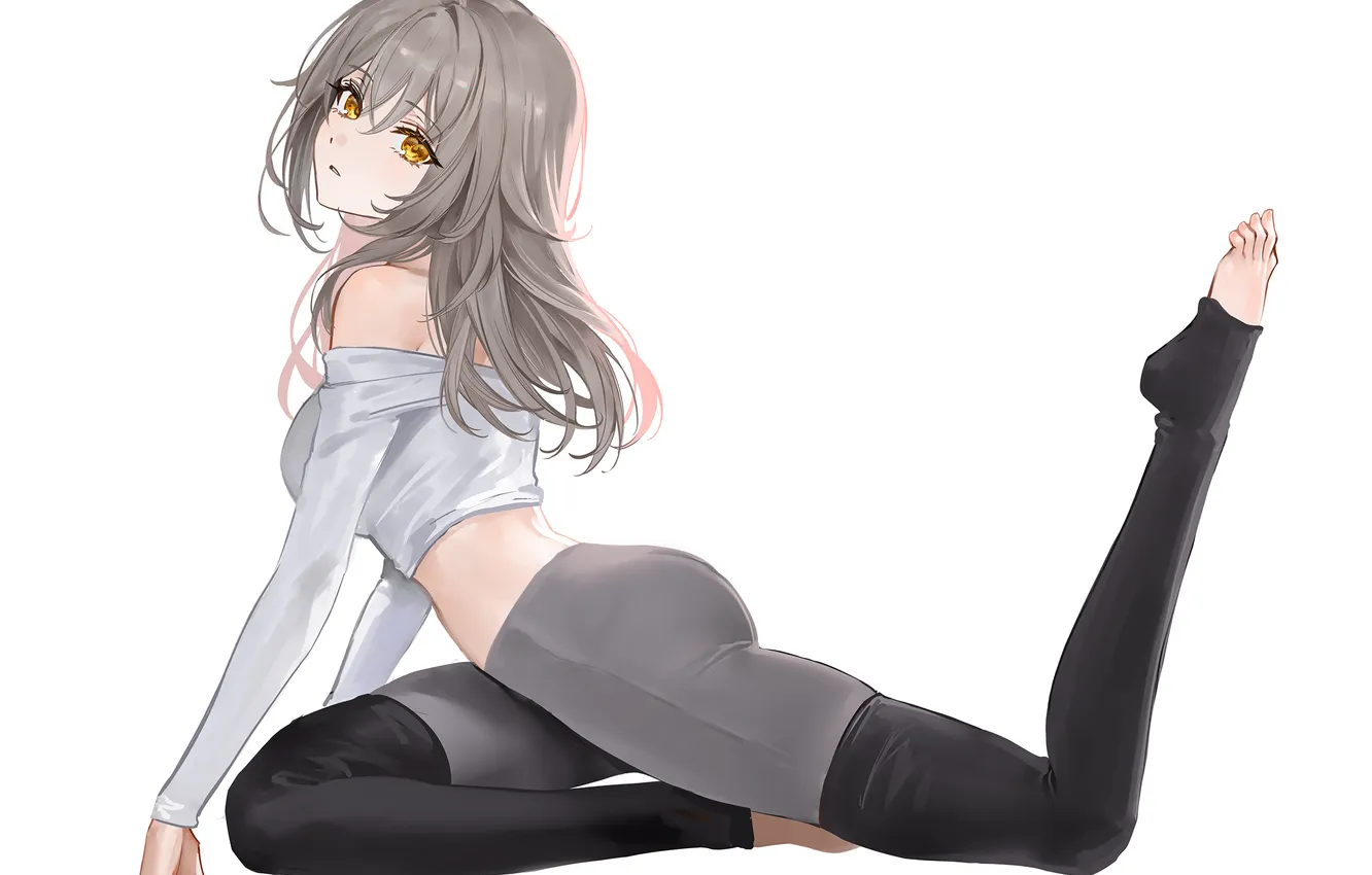Фото обои artwork, belly, yellow eyes, anime girls, white background, simple background, white shirt, gray hair