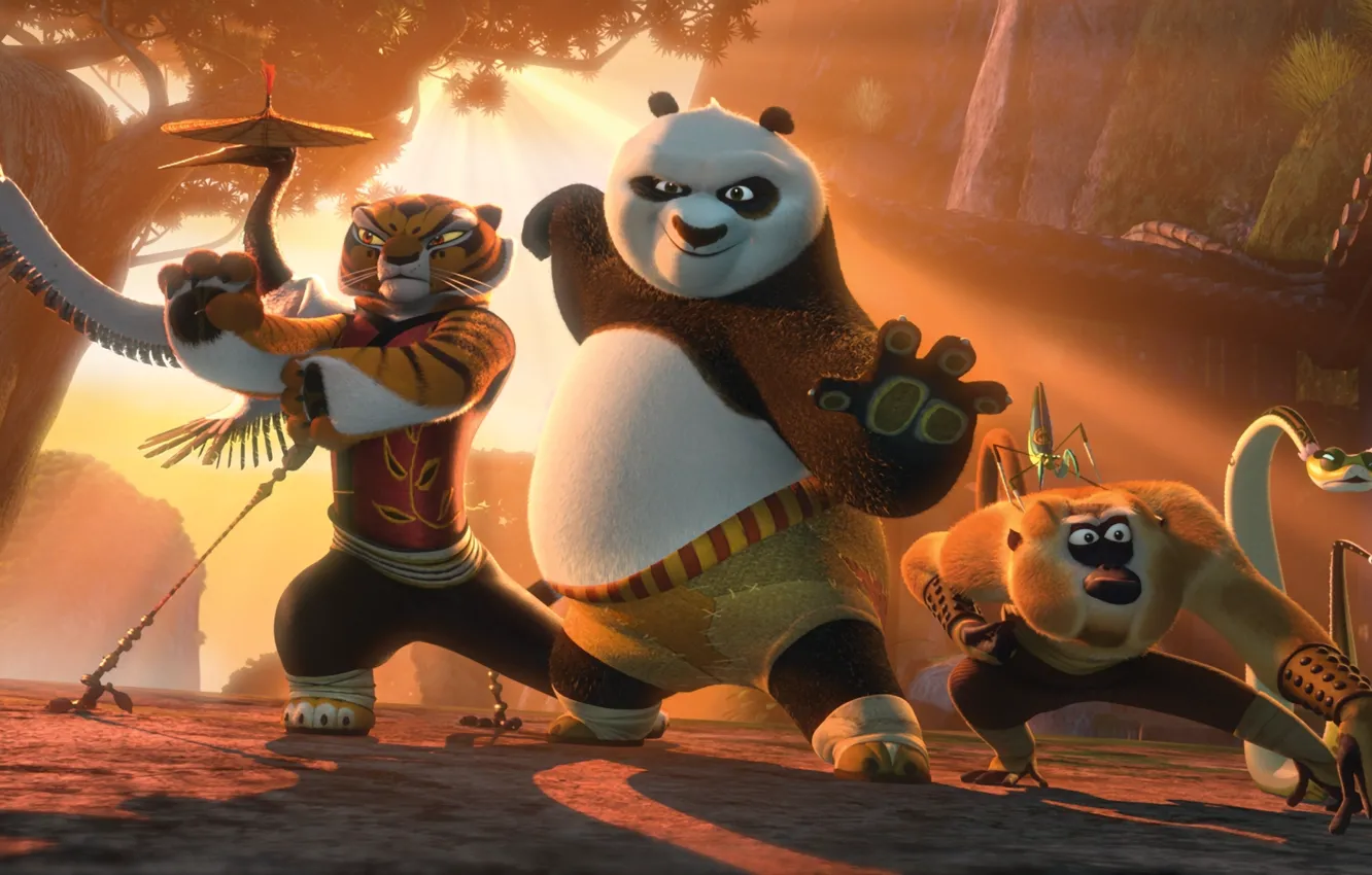 Фото обои закат, змея, богомол, обезьяна, тигрица, журавль, Кунг-фу Панда 2, Kung Fu Panda 2