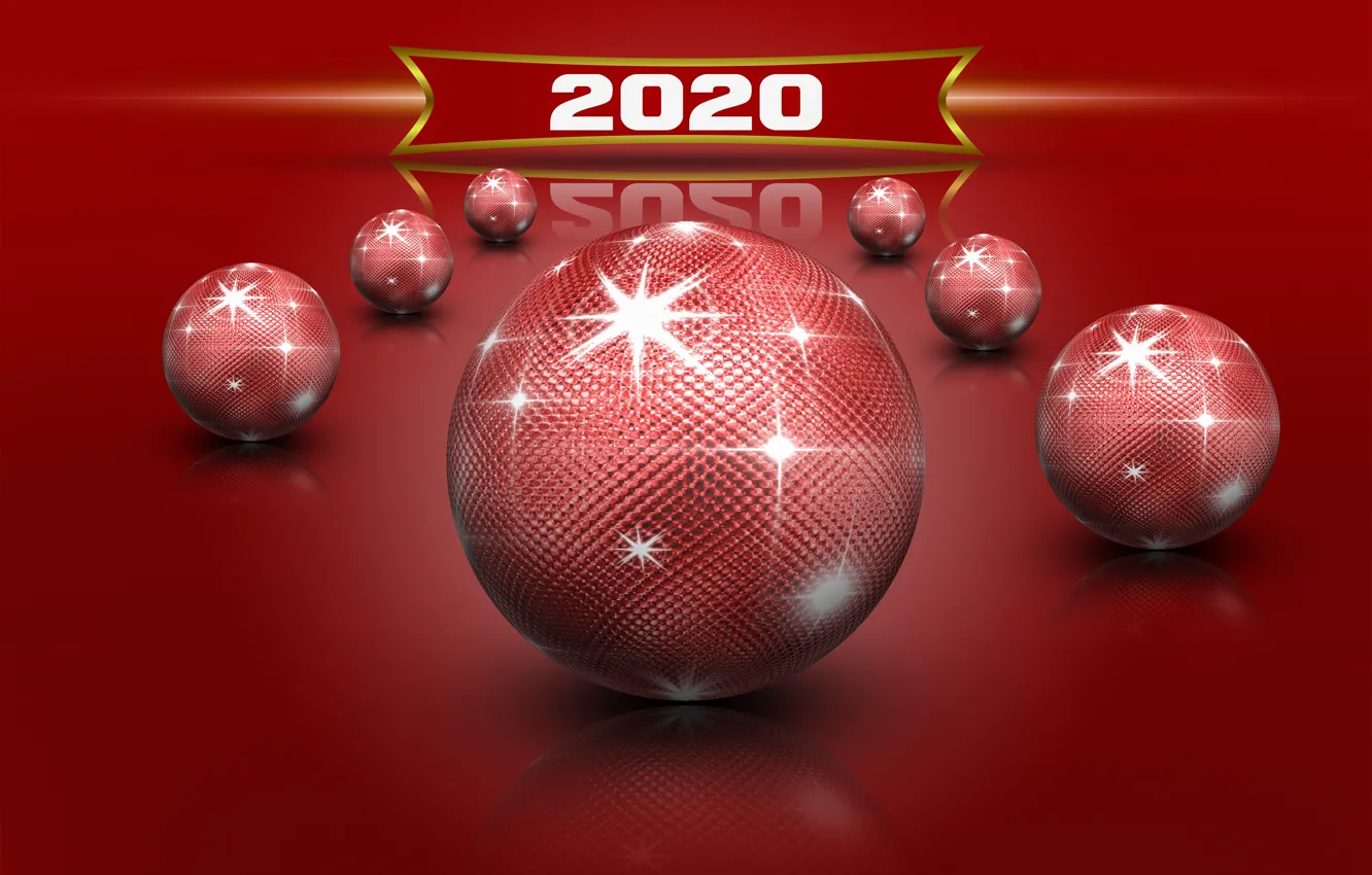 Фото обои звезды, красное, шары, блеск, New Year, рождевство, Новый 2020 год, красные шары отражение
