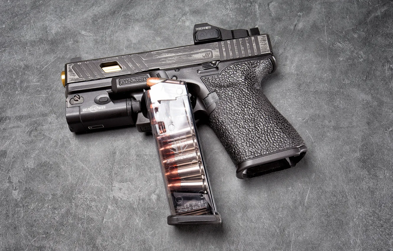 Фото обои макро, пистолет, фон, обойма, Glock 19, самозарядный, тактический фонарь